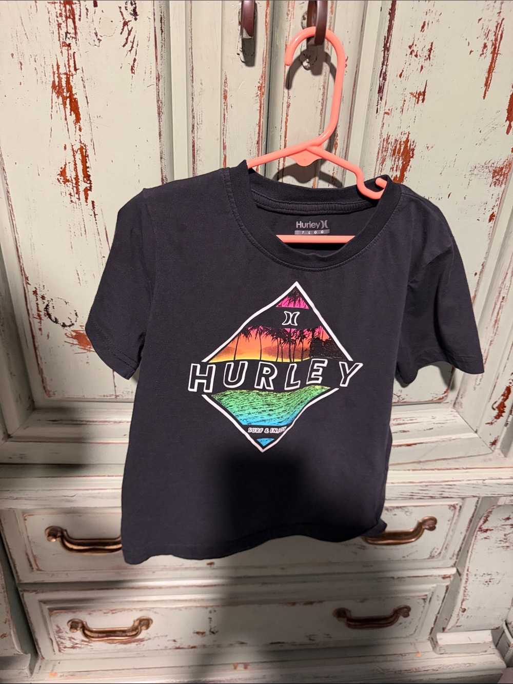 Hurley Kids Black Tee with Rainbow Sunset Graphic